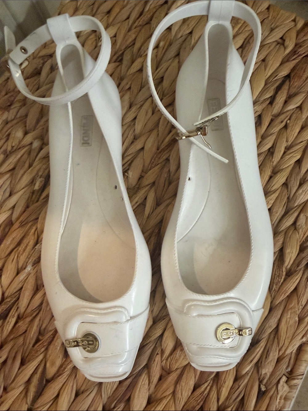 Fendi White Ankle-Strap Ballet Flats with Gold Hardware